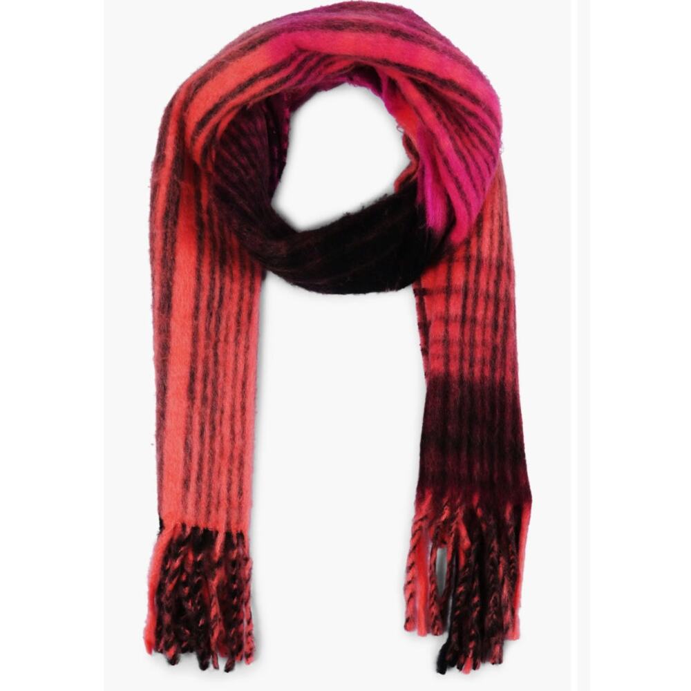 Plaid Brushed Fringe Scarf burgundy pink